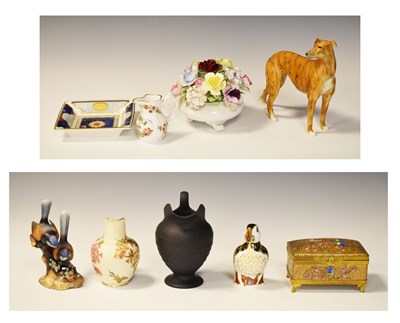 Lot 283 - Royal Crown Derby puffin, together with Crown Derby bird group, Royal Worcester tray and bouquet