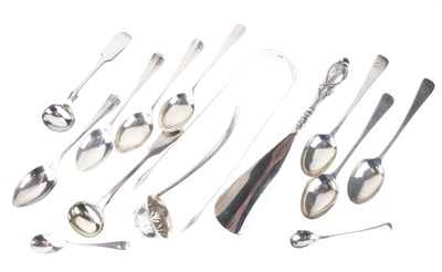 Lot 77 - Pair of Georgian silver sugar tongs together with a quantity of spoons