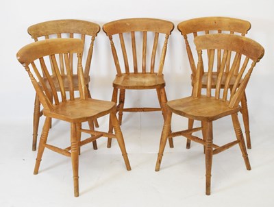 Lot 486 - Five stripped lath-back kitchen chairs