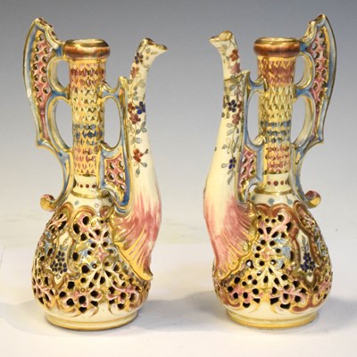 Lot 358 - Pair of Fischer Hungary ewers