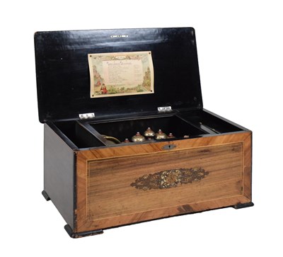 Lot 354 - Late 19th Century inlaid rosewood 12-air musical box, bells and drum in sight