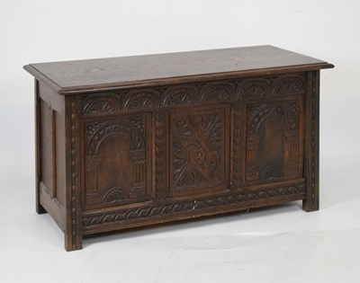 Lot 443 - Reproduction three paneled oak coffer