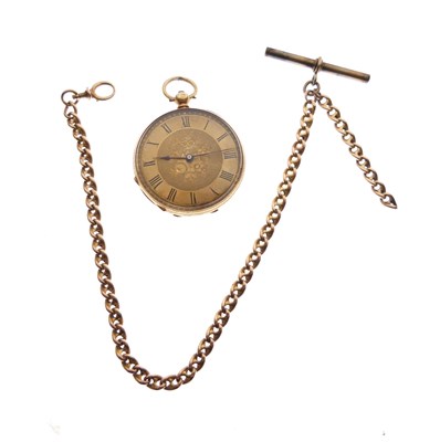 Lot 64 - 18K yellow metal Swiss open face pocket watch together with yellow metal Albert