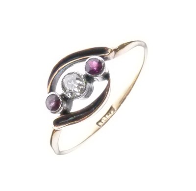 Lot 7 - Three stone ring set an old-cut diamond and two rubies, stamped '18ct'