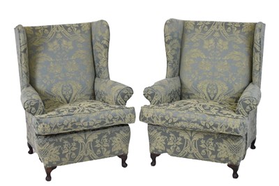 Lot 567 - Pair of green foliate damask chairs