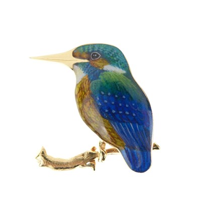 Lot 30 - Alabaster & Wilson 9ct gold and enamel kingfisher brooch