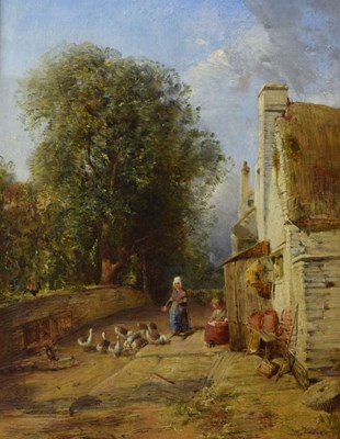 Lot 385 - English School, mid 19th Century - Oil on canvas - feeding geese
