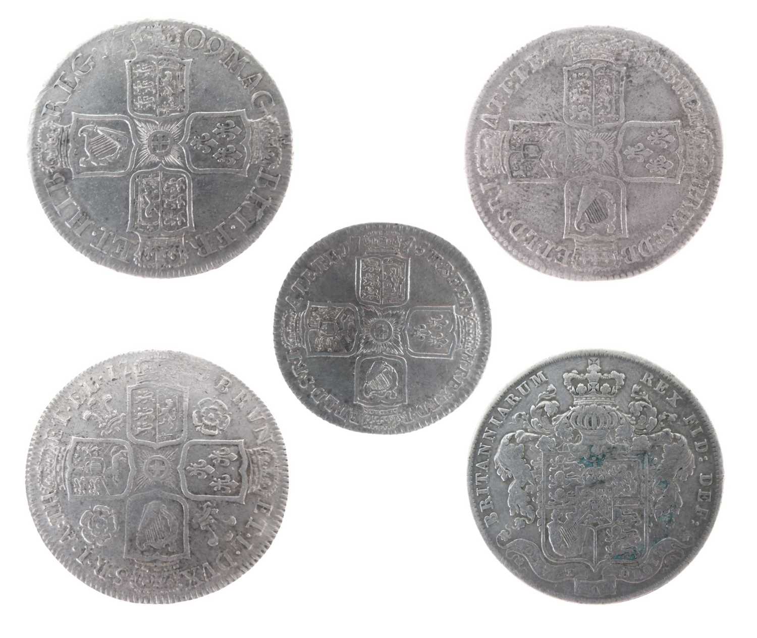 Lot 130 - Queen Anne half crown, three later half crowns, and a George II LIMA shilling
