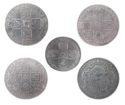 Lot 130 - Queen Anne half crown, three later half crowns, and a George II LIMA shilling