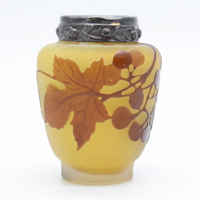 Lot 379 - Galle small cameo glass vase having leaf decoration and white metal rim