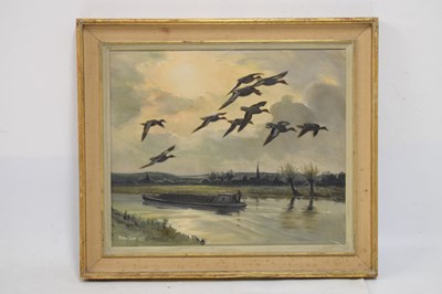 Lot 426 - Sir Peter Markham Scott  - Oil on canvas - ‘A Narrow Boat’