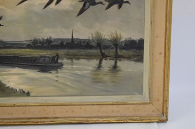 Lot 426 - Sir Peter Markham Scott  - Oil on canvas - ‘A Narrow Boat’