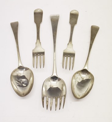 Lot 160 - Two George III Irish silver fiddle pattern forks, etc