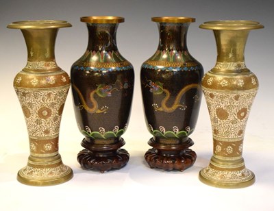 Lot 588 - Pair of cloisonne vases and pair of Benares brass vases