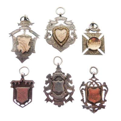 Lot 191 - Six silver football and other fobs to including Clevedon and District Football League winners