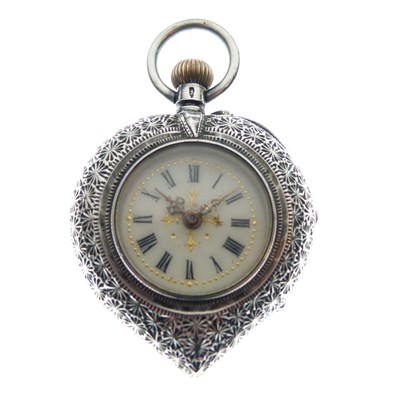 Lot 142 - Swiss silver and enamel heart-shaped fob watch