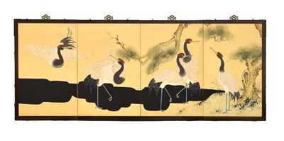 Lot 591 - Japanese folding table screen with cranes