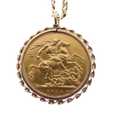 Lot 62 - George V gold sovereign, 1914, mounted, with 9ct chain