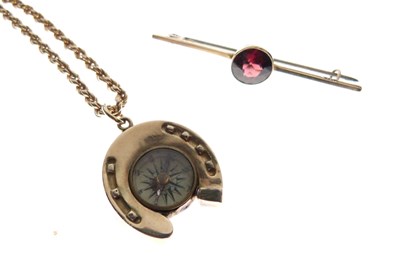 Lot 57 - Yellow metal (9K) rope-link necklace 14g, bar brooch and compass