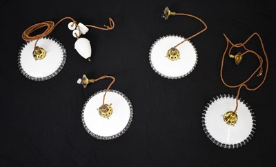 Lot 735 - 20th Century continental rise and fall milk glass light fitting and three pendant lights ensuite