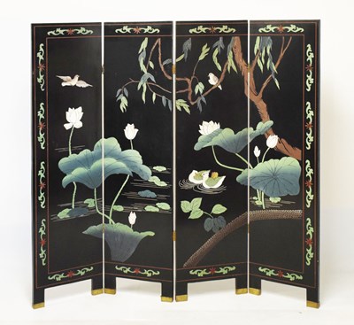 Lot 729 - Far Eastern black lacquer four-fold screen