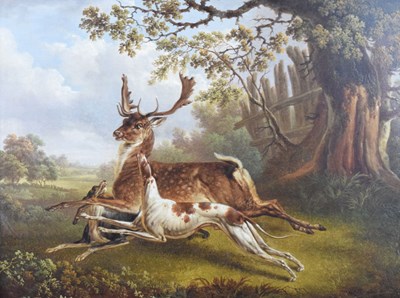 Lot 510 - Charles Towne - Oil on panel - Hounds with stag