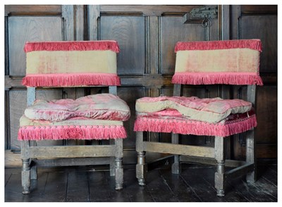 Lot 4 - Pair of mid-17th Century oak framed and silk velvet-upholstered low chairs