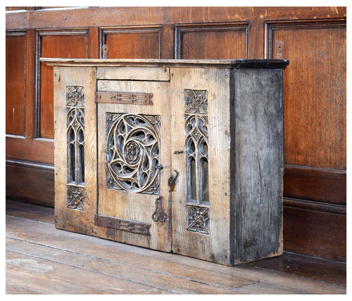 Lot 11 - Boarded oak mural livery cupboard