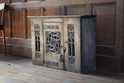 Lot 11 - Boarded oak mural livery cupboard