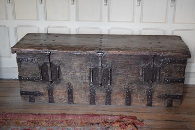 Lot 28 - 16th Century boarded pine and iron-bound chest