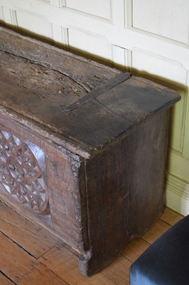 Lot 29 - Impressive oak boarded chest, circa 1500