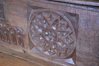 Lot 29 - Impressive oak boarded chest, circa 1500