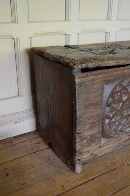 Lot 29 - Impressive oak boarded chest, circa 1500
