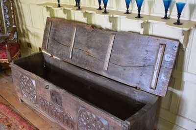 Lot 29 - Impressive oak boarded chest, circa 1500