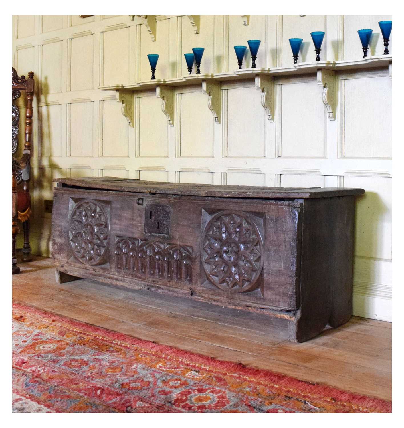 Lot 29 - Impressive oak boarded chest, circa 1500