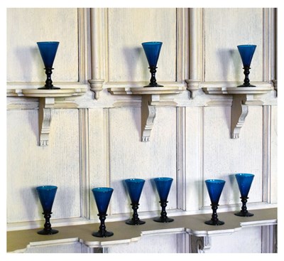 Lot 30 - Set of nine 19th Century peacock blue glass wine glasses