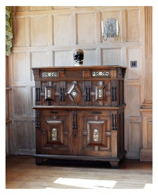 Lot 84 - Dated mid-17th Century English oak, fruitwood and mother-of-pearl inlaid enclosed geometric chest of drawers