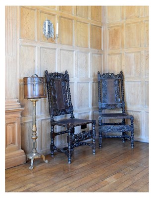 Lot 87 - Pair of late 17th Century stained beech and caned side chairs