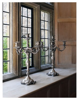 Lot 102 - Impressive pair of 19th Century silver-plated four-branch (five-light) table candelabra