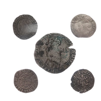 Lot 364 - Five hammered coins to include two Elizabeth I half groats (1564 and 1575), a Charles I shilling etc