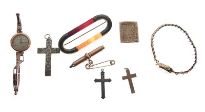 Lot 97 - Two lady's 9ct gold watches, 9ct and cross, locket (unmarked) and silver crosses