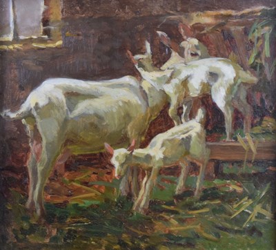 Lot 514 - Johanna van Eysinga (1881-1951) oil - Study of a goat and kids in barn, signed lower right