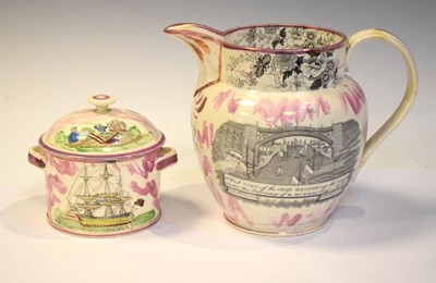 Lot 389 - Sunderland puce lustre west View of The Iron Bridge and lidded pot (2)