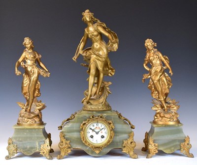 Lot 460 - French gilt spelter and green onyx three-piece clock garniture, Japy Freres
