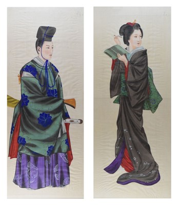 Lot 494 - Pair of Japanese Meiji period watercolours on silk