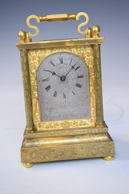 Lot 562 - Unusual mid 19th Century English engraved  gilt brass carriage clock