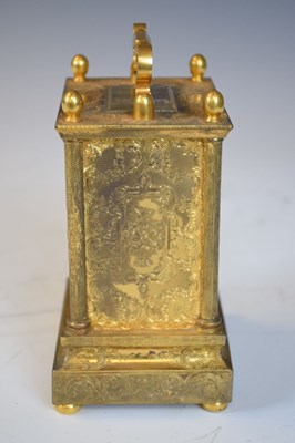 Lot 562 - Unusual mid 19th Century English engraved  gilt brass carriage clock