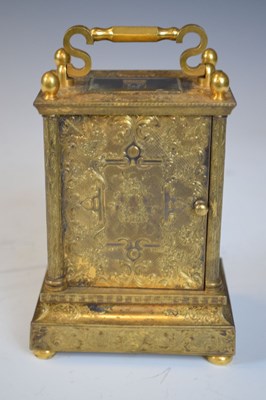 Lot 562 - Unusual mid 19th Century English engraved  gilt brass carriage clock