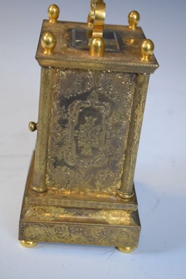 Lot 562 - Unusual mid 19th Century English engraved  gilt brass carriage clock