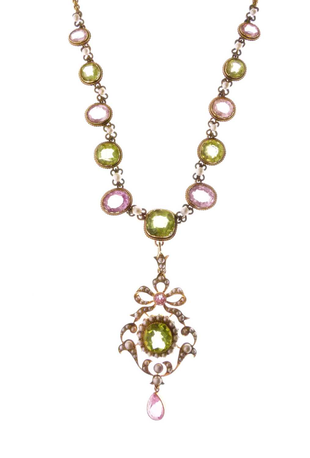 Lot 312 - Peridot, pink tourmaline and seed pearl pendant necklace